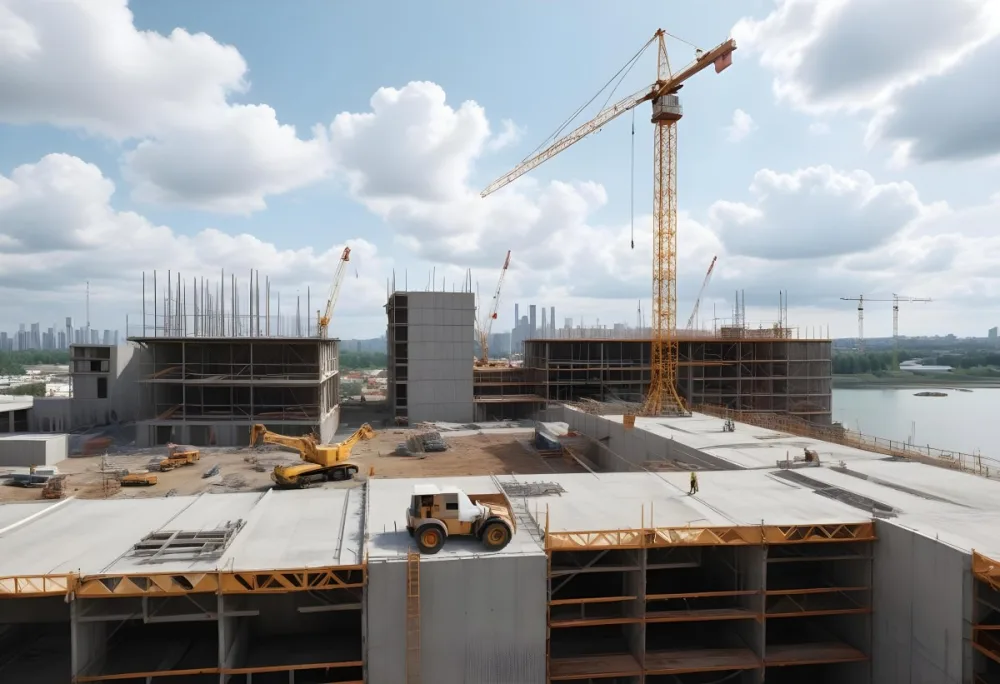 Construction Site With A Crane Concrete Structure Scaffolding And Construction Materials Under A Cloudy Sky Construction Workers Are Visible 2 209a