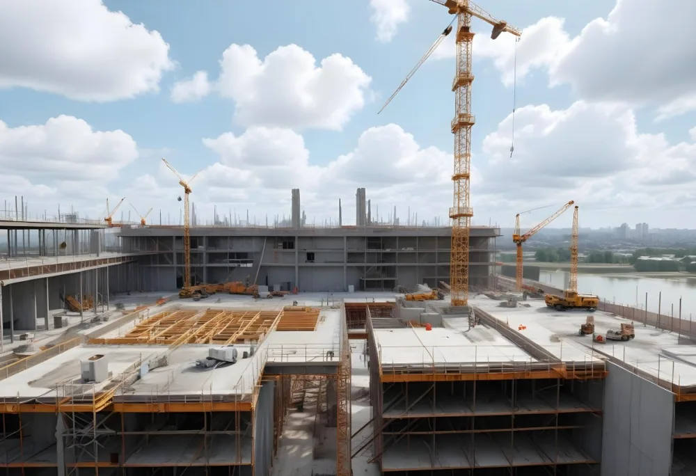 Construction Site With A Crane Concrete Structure Scaffolding And Construction Materials Under A Cloudy Sky Construction Workers Are Visible 25 B9ab