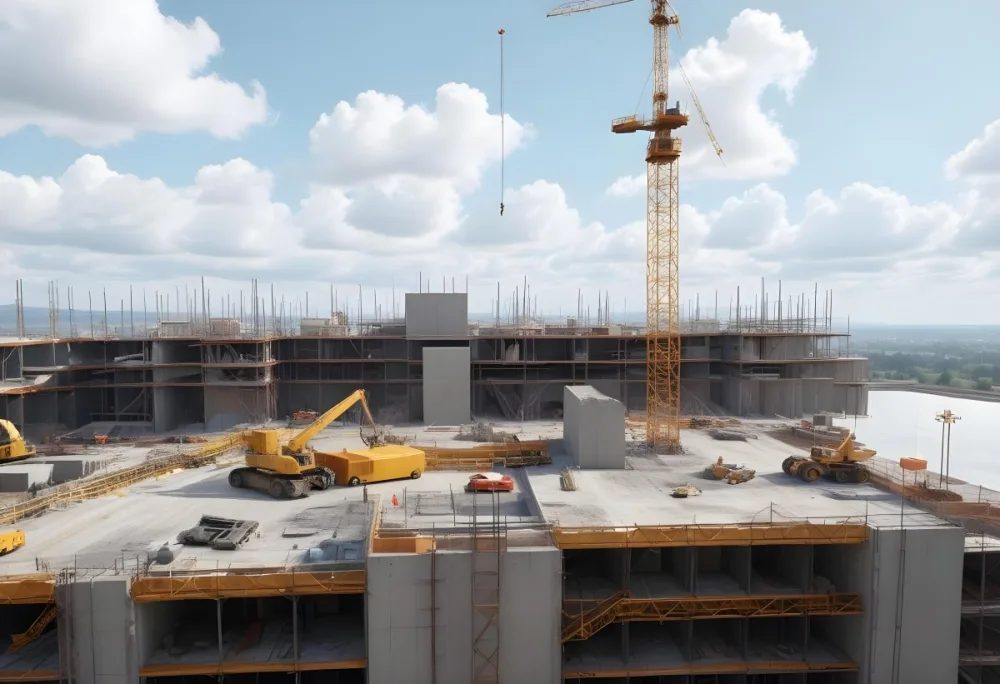 Construction Site With A Crane Concrete Structure Scaffolding And Construction Materials Under A Cloudy Sky Construction Workers Are Visible 27 Fd48