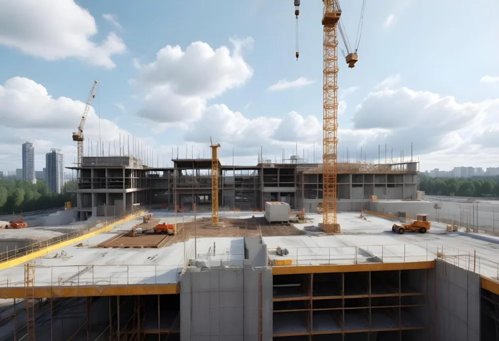 Construction Site With A Crane Concrete Structure Scaffolding And Construction Materials Under A Cloudy Sky Construction Workers Are Visible 29 C37b