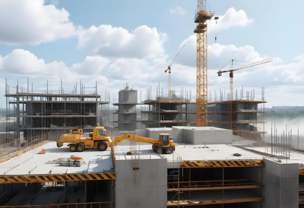 Construction Site With A Crane Concrete Structure Scaffolding And Construction Materials Under A Cloudy Sky Construction Workers Are Visible 3 A966