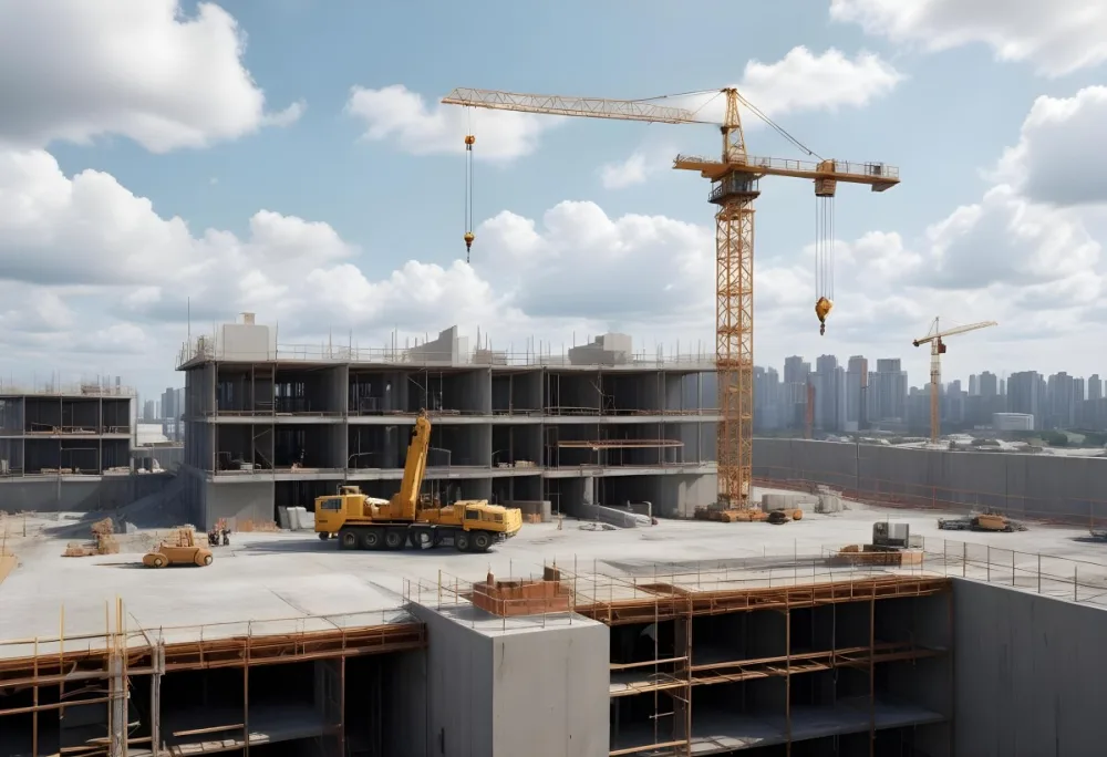 Construction Site With A Crane Concrete Structure Scaffolding And Construction Materials Under A Cloudy Sky Construction Workers Are Visible 4 C979