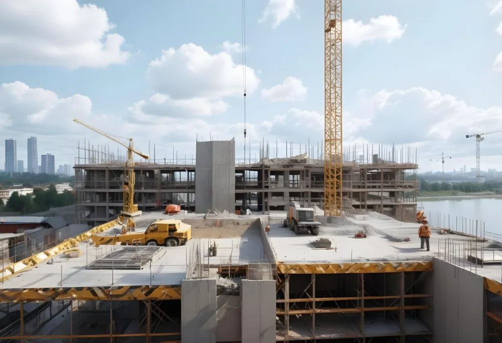 Construction Site With A Crane Concrete Structure Scaffolding And Construction Materials Under A Cloudy Sky Construction Workers Are Visible 5 E881