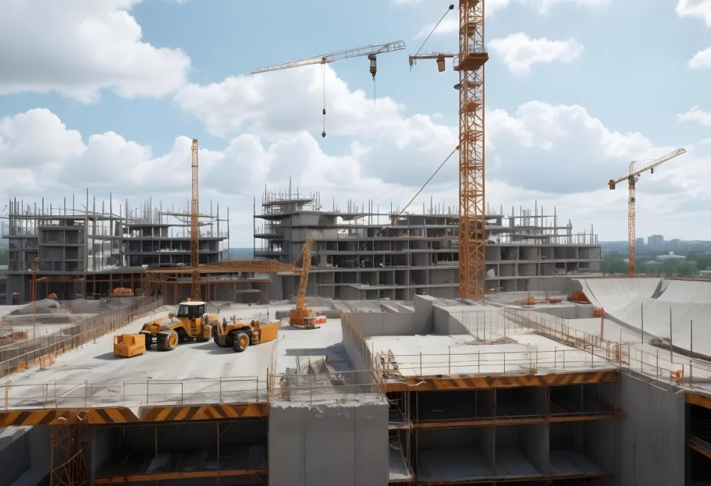 Construction Site With A Crane Concrete Structure Scaffolding And Construction Materials Under A Cloudy Sky Construction Workers Are Visible 6 B277