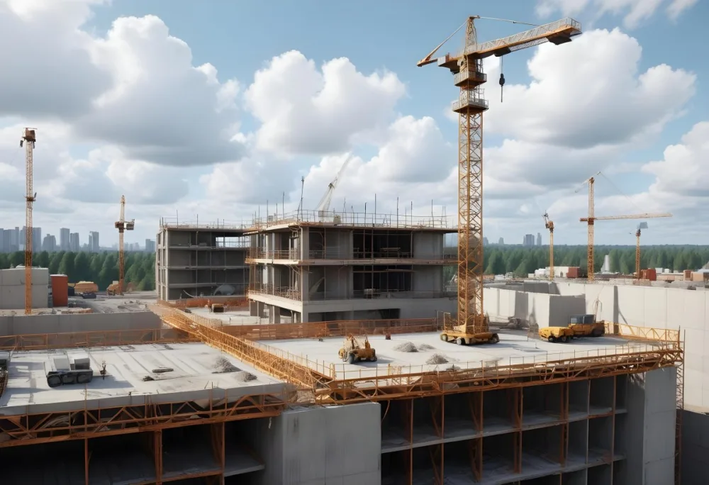 Construction Site With A Crane Concrete Structure Scaffolding And Construction Materials Under A Cloudy Sky Construction Workers Are Visible 8 3f10