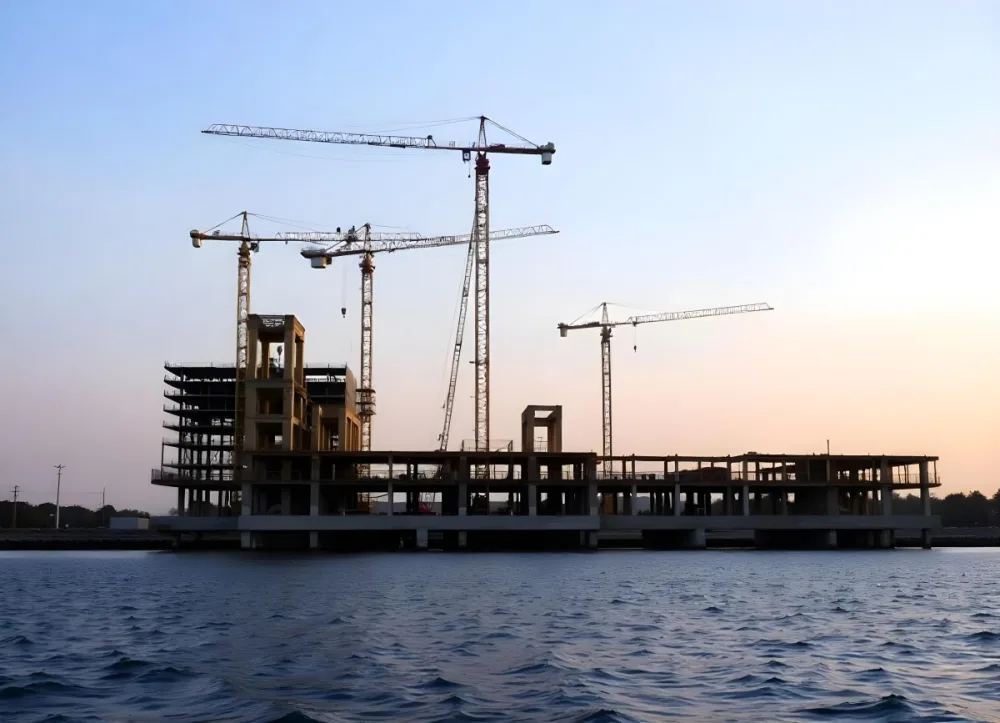 Construction Site With Multiple Cranes And Buildings Under Construction Near A Body Of Water 1 F7f5