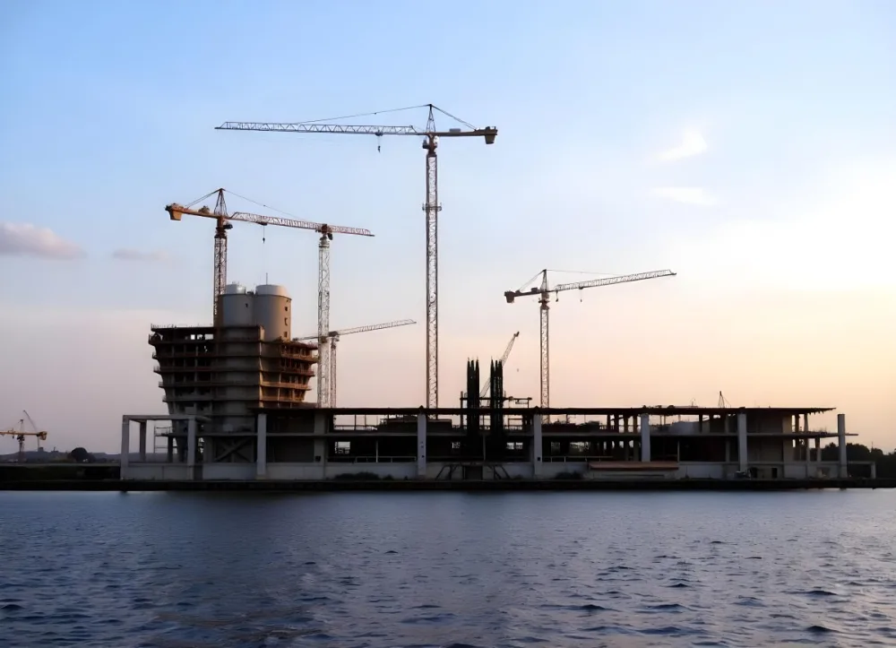 Construction Site With Multiple Cranes And Buildings Under Construction Near A Body Of Water 10 9c90