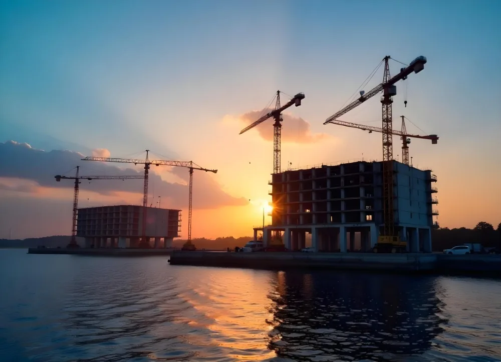 Construction Site With Multiple Cranes And Buildings Under Construction Near A Body Of Water 4 7119