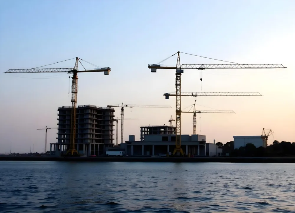 Construction Site With Multiple Cranes And Buildings Under Construction Near A Body Of Water 6 E409