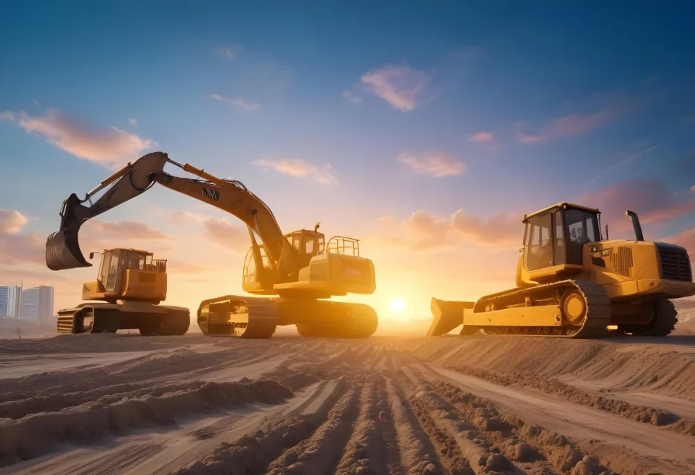 Excavator And Bulldozer On A Construction Site Heavy Machinery Working On A Dirt Field Sunset With A Blue Sky And Orange Clouds 1 B335