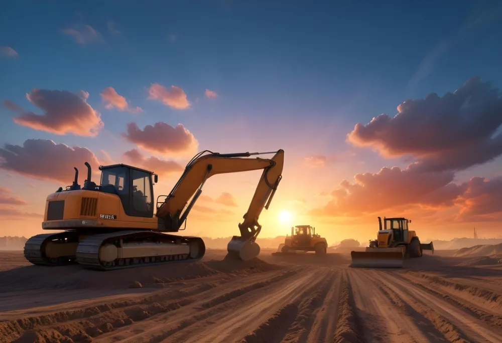 Excavator And Bulldozer On A Construction Site Heavy Machinery Working On A Dirt Field Sunset With A Blue Sky And Orange Clouds 3 08c0