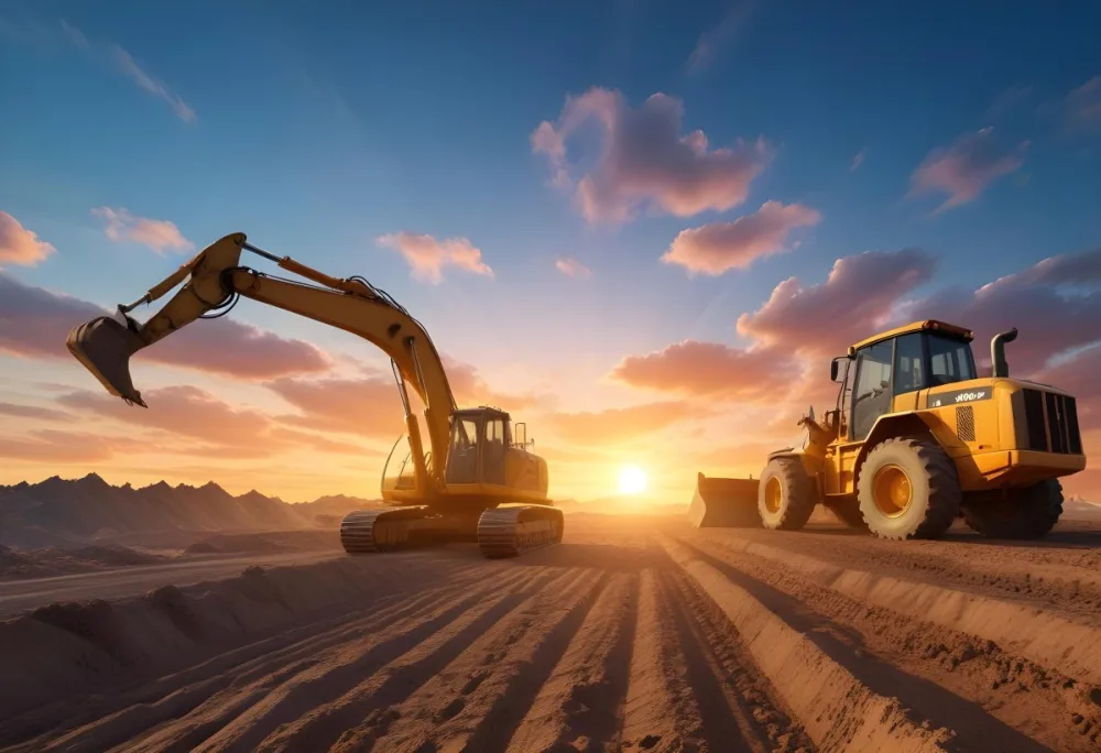 Excavator And Bulldozer On A Construction Site Heavy Machinery Working On A Dirt Field Sunset With A Blue Sky And Orange Clouds 5 078c