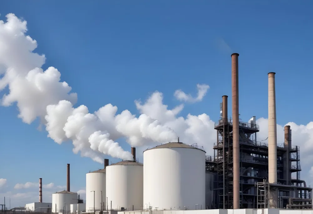 Industrial Complex With White Tanks And Smokestacks Emitting Smoke Against A Blue Sky With Scattered Clouds Suggesting A Manufacturing Or Processing Facility 1 1fd4