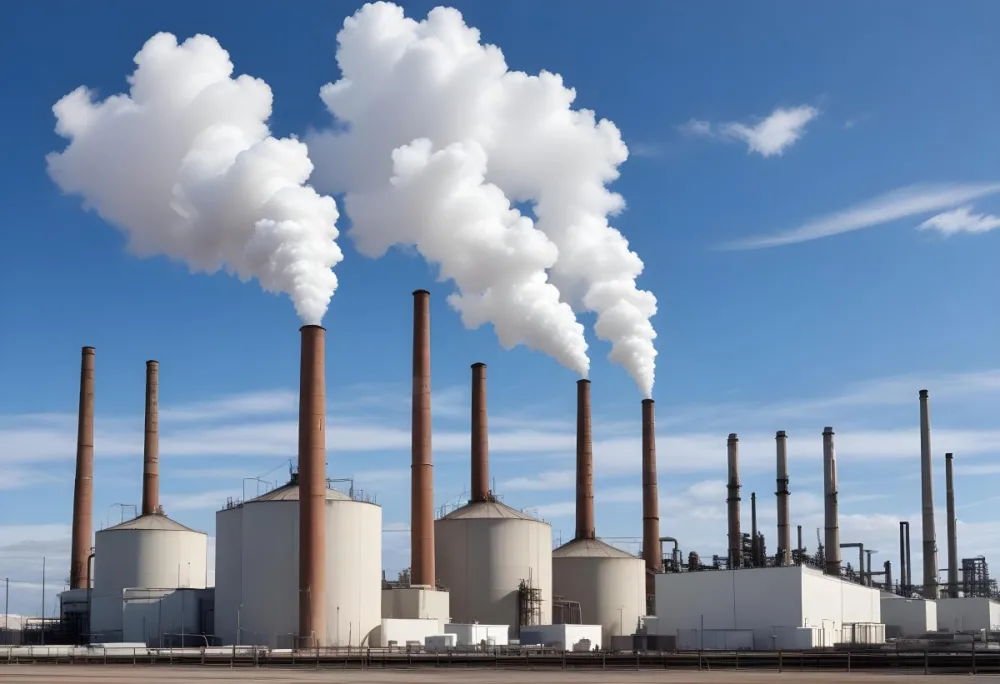 Industrial Complex With White Tanks And Smokestacks Emitting Smoke Against A Blue Sky With Scattered Clouds Suggesting A Manufacturing Or Processing Facility 10 4dc1