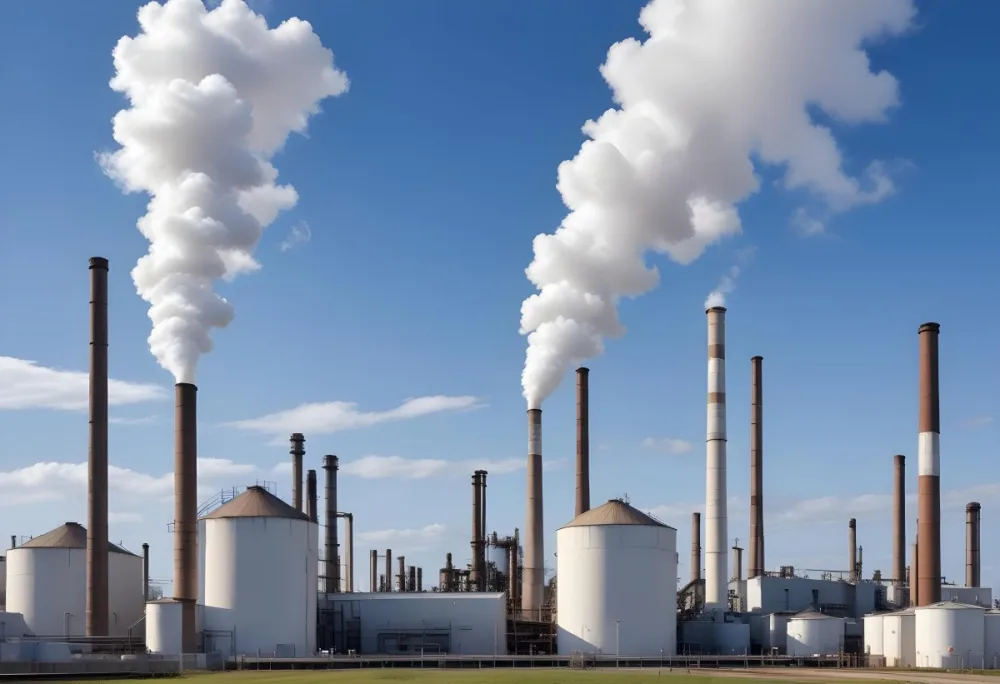 Industrial Complex With White Tanks And Smokestacks Emitting Smoke Against A Blue Sky With Scattered Clouds Suggesting A Manufacturing Or Processing Facility 14 1adf