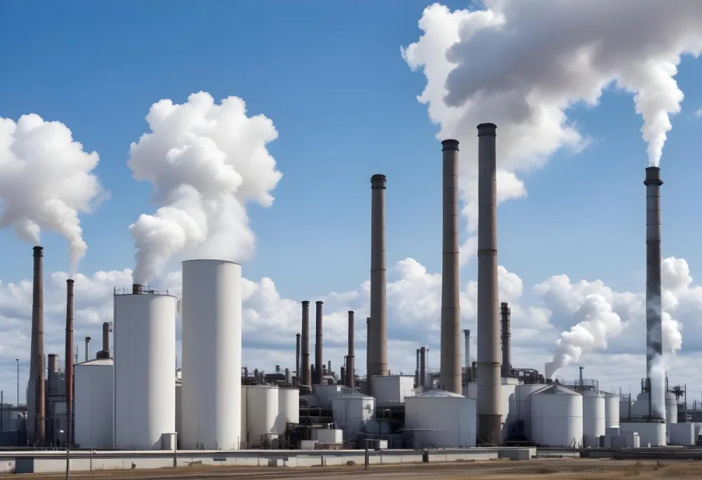 Industrial Complex With White Tanks And Smokestacks Emitting Smoke Against A Blue Sky With Scattered Clouds Suggesting A Manufacturing Or Processing Facility 16 7f8d