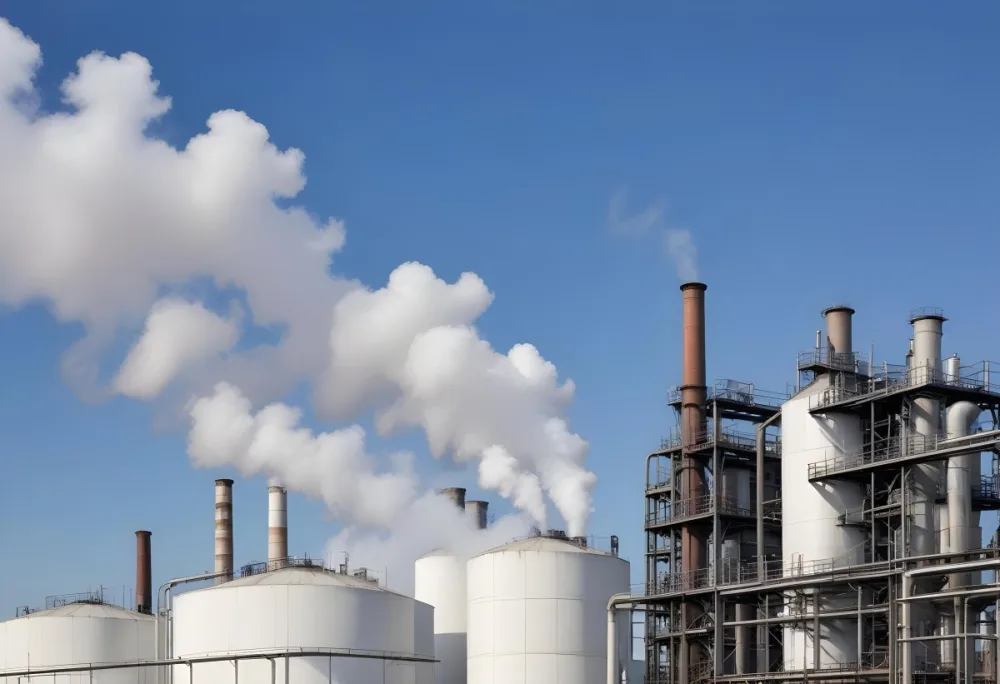 Industrial Complex With White Tanks And Smokestacks Emitting Smoke Against A Blue Sky With Scattered Clouds Suggesting A Manufacturing Or Processing Facility 17 E5d5