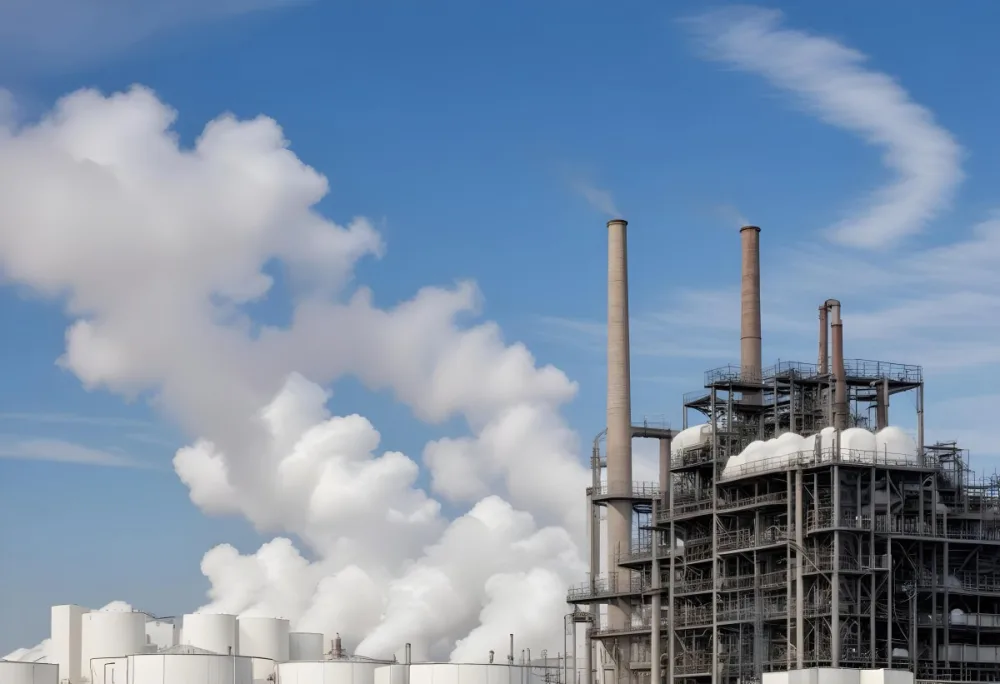 Industrial Complex With White Tanks And Smokestacks Emitting Smoke Against A Blue Sky With Scattered Clouds Suggesting A Manufacturing Or Processing Facility 2 0ba9