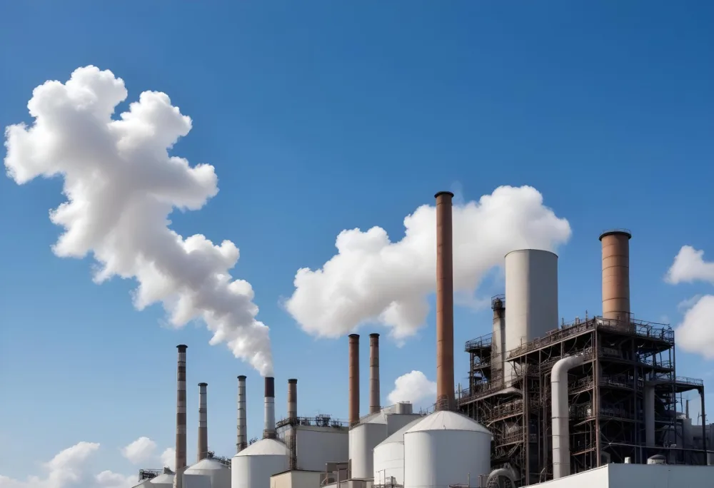Industrial Complex With White Tanks And Smokestacks Emitting Smoke Against A Blue Sky With Scattered Clouds Suggesting A Manufacturing Or Processing Facility 3 A3c4