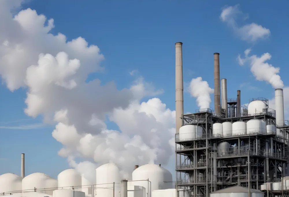 Industrial Complex With White Tanks And Smokestacks Emitting Smoke Against A Blue Sky With Scattered Clouds Suggesting A Manufacturing Or Processing Facility 5 5af5