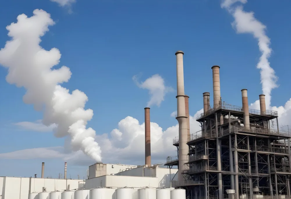 Industrial Complex With White Tanks And Smokestacks Emitting Smoke Against A Blue Sky With Scattered Clouds Suggesting A Manufacturing Or Processing Facility 6 Bb0a