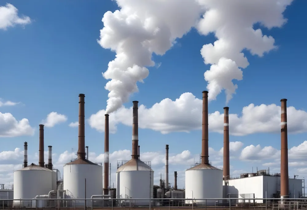 Industrial Complex With White Tanks And Smokestacks Emitting Smoke Against A Blue Sky With Scattered Clouds Suggesting A Manufacturing Or Processing Facility 7 0728