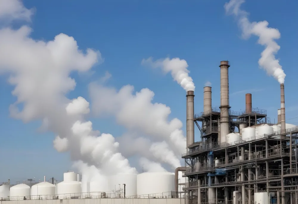 Industrial Complex With White Tanks And Smokestacks Emitting Smoke Against A Blue Sky With Scattered Clouds Suggesting A Manufacturing Or Processing Facility 8 Edf4
