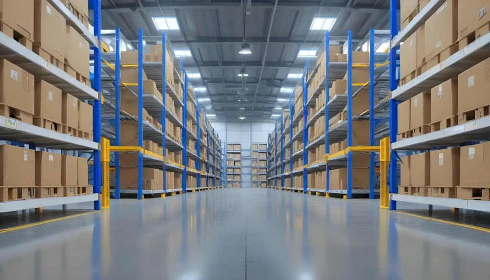 Interior Of A Warehouse With Rows Of Tall Blue And Yellow Shelves Filled With Cardboard Boxes Shiny Concrete Floor Metal Ceiling Structure 10 646b