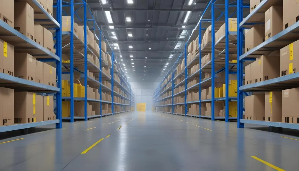 Interior Of A Warehouse With Rows Of Tall Blue And Yellow Shelves Filled With Cardboard Boxes Shiny Concrete Floor Metal Ceiling Structure 11 0bdf