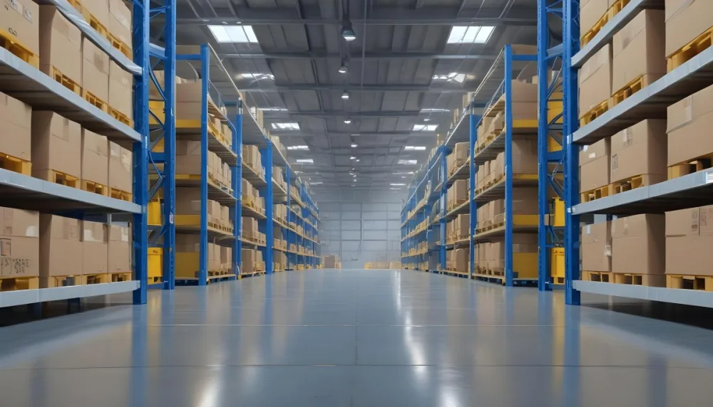 Interior Of A Warehouse With Rows Of Tall Blue And Yellow Shelves Filled With Cardboard Boxes Shiny Concrete Floor Metal Ceiling Structure 14 8b71