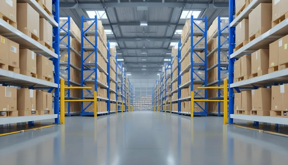 Interior Of A Warehouse With Rows Of Tall Blue And Yellow Shelves Filled With Cardboard Boxes Shiny Concrete Floor Metal Ceiling Structure 15 E333