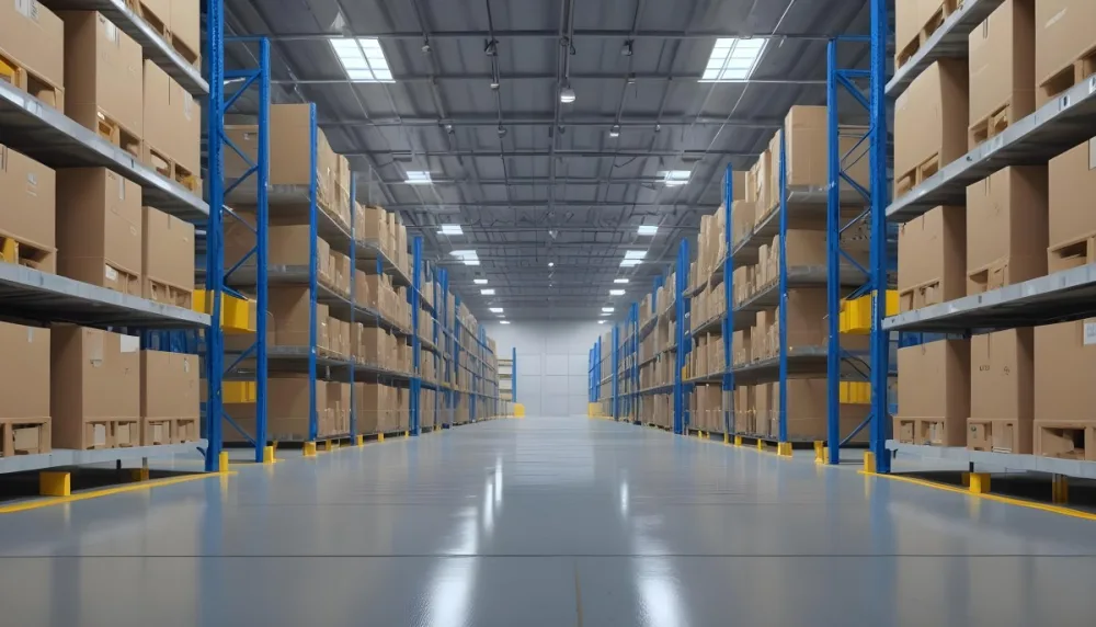 Interior Of A Warehouse With Rows Of Tall Blue And Yellow Shelves Filled With Cardboard Boxes Shiny Concrete Floor Metal Ceiling Structure 17 4275