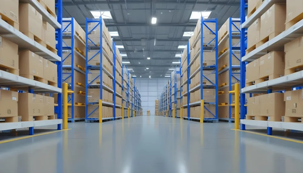 Interior Of A Warehouse With Rows Of Tall Blue And Yellow Shelves Filled With Cardboard Boxes Shiny Concrete Floor Metal Ceiling Structure 20 4712