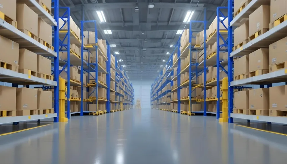 Interior Of A Warehouse With Rows Of Tall Blue And Yellow Shelves Filled With Cardboard Boxes Shiny Concrete Floor Metal Ceiling Structure 23 Cbdf