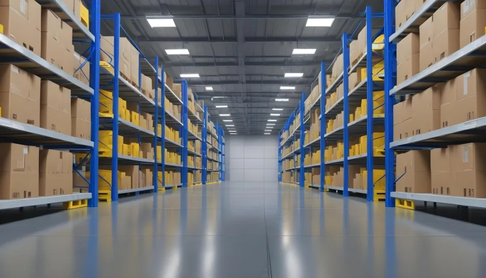 Interior Of A Warehouse With Rows Of Tall Blue And Yellow Shelves Filled With Cardboard Boxes Shiny Concrete Floor Metal Ceiling Structure 26 0987