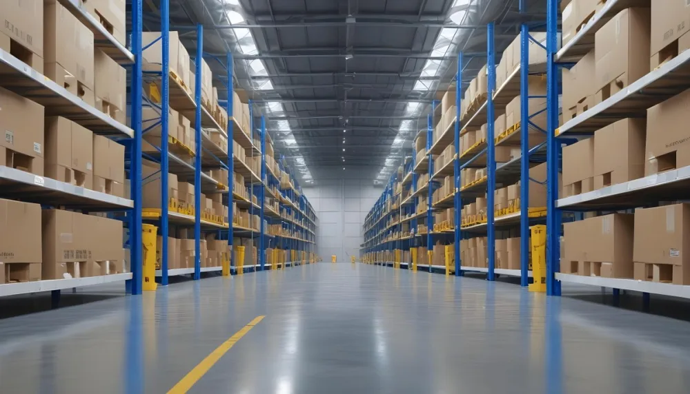 Interior Of A Warehouse With Rows Of Tall Blue And Yellow Shelves Filled With Cardboard Boxes Shiny Concrete Floor Metal Ceiling Structure 27 D3dd