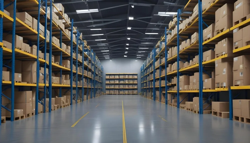 Interior Of A Warehouse With Rows Of Tall Blue And Yellow Shelves Filled With Cardboard Boxes Shiny Concrete Floor Metal Ceiling Structure 3 A364