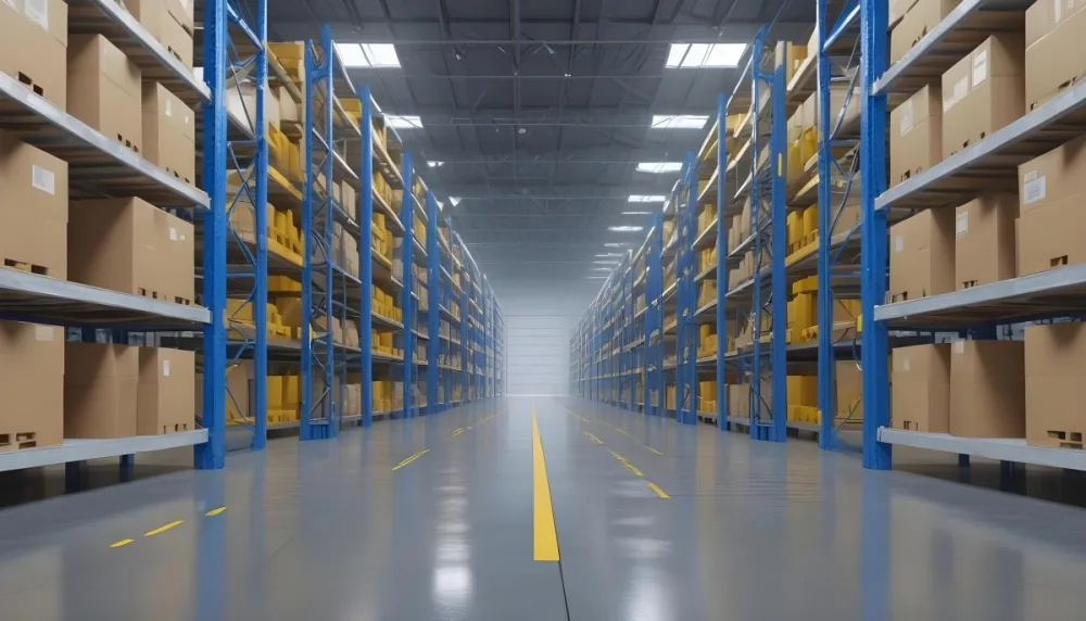 Interior Of A Warehouse With Rows Of Tall Blue And Yellow Shelves Filled With Cardboard Boxes Shiny Concrete Floor Metal Ceiling Structure 30 9761