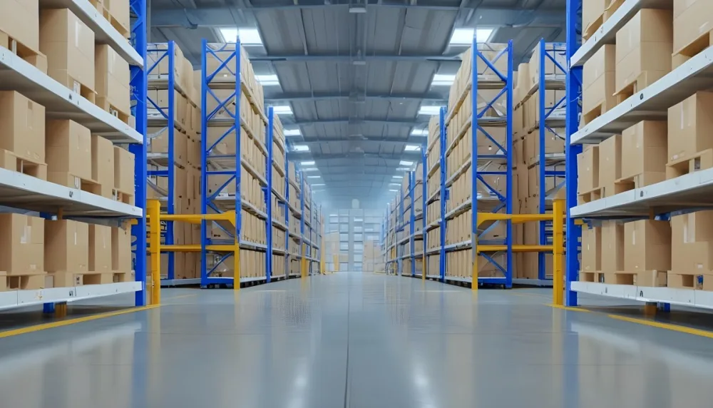 Interior Of A Warehouse With Rows Of Tall Blue And Yellow Shelves Filled With Cardboard Boxes Shiny Concrete Floor Metal Ceiling Structure 31 A957