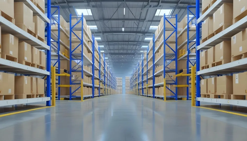 Interior Of A Warehouse With Rows Of Tall Blue And Yellow Shelves Filled With Cardboard Boxes Shiny Concrete Floor Metal Ceiling Structure 4 2add