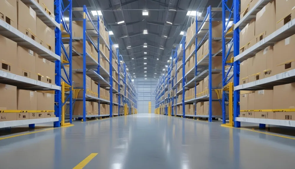 Interior Of A Warehouse With Rows Of Tall Blue And Yellow Shelves Filled With Cardboard Boxes Shiny Concrete Floor Metal Ceiling Structure 6 6205