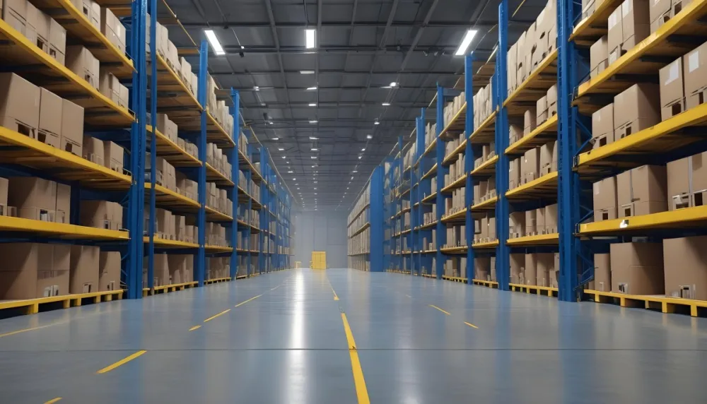 Interior Of A Warehouse With Rows Of Tall Blue And Yellow Shelves Filled With Cardboard Boxes Shiny Concrete Floor Metal Ceiling Structure 7 43cd