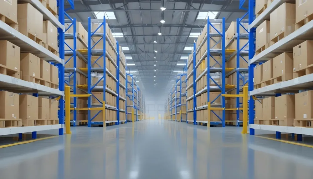 Interior Of A Warehouse With Rows Of Tall Blue And Yellow Shelves Filled With Cardboard Boxes Shiny Concrete Floor Metal Ceiling Structure 8 C1ac