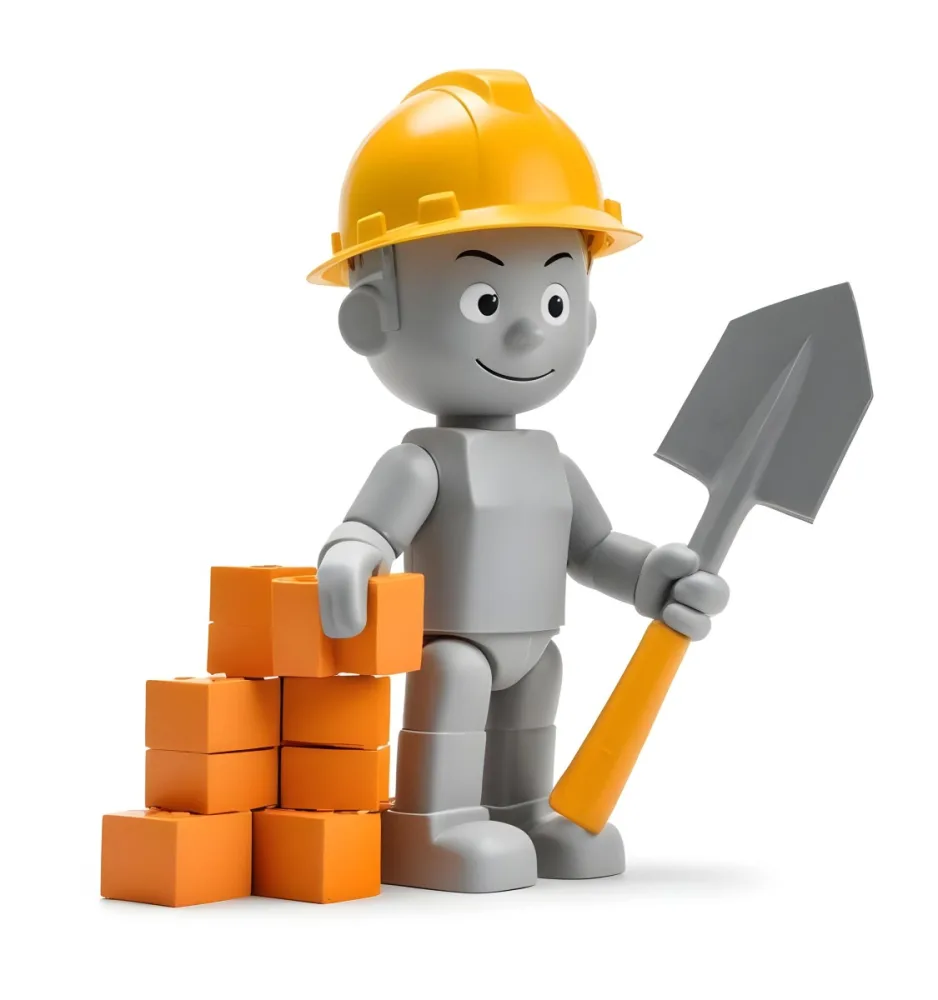 Minimal Soft Studio Light Photography A Small Gray Humanoid Figure Wearing A Yellow Hard Hat Holding A Trowel In One Hand And Standing Next To A Stack Of Orange Bricks The Background Is Plain And White High Detail 17 B9dd