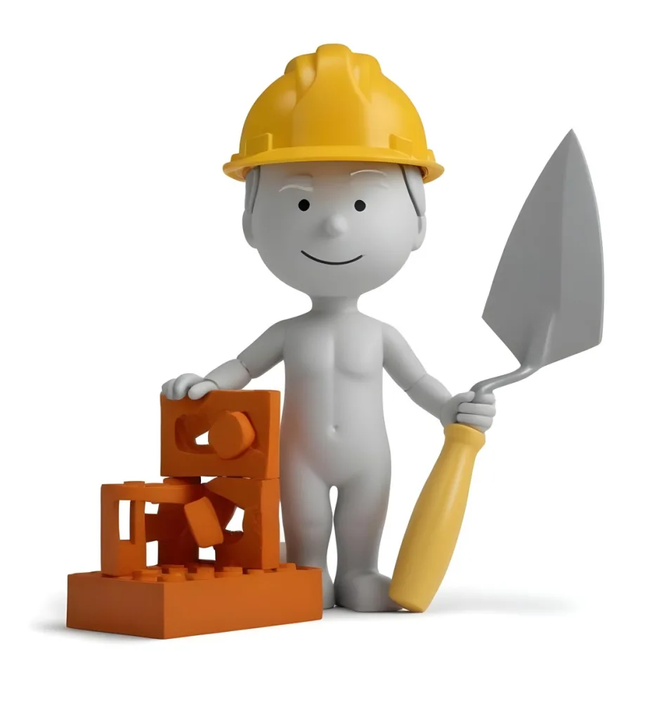 Minimal Soft Studio Light Photography A Small Gray Humanoid Figure Wearing A Yellow Hard Hat Holding A Trowel In One Hand And Standing Next To A Stack Of Orange Bricks The Background Is Plain And White High Detail 18 0167