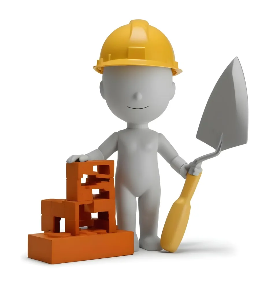 Minimal Soft Studio Light Photography A Small Gray Humanoid Figure Wearing A Yellow Hard Hat Holding A Trowel In One Hand And Standing Next To A Stack Of Orange Bricks The Background Is Plain And White High Detail 19 7ba4