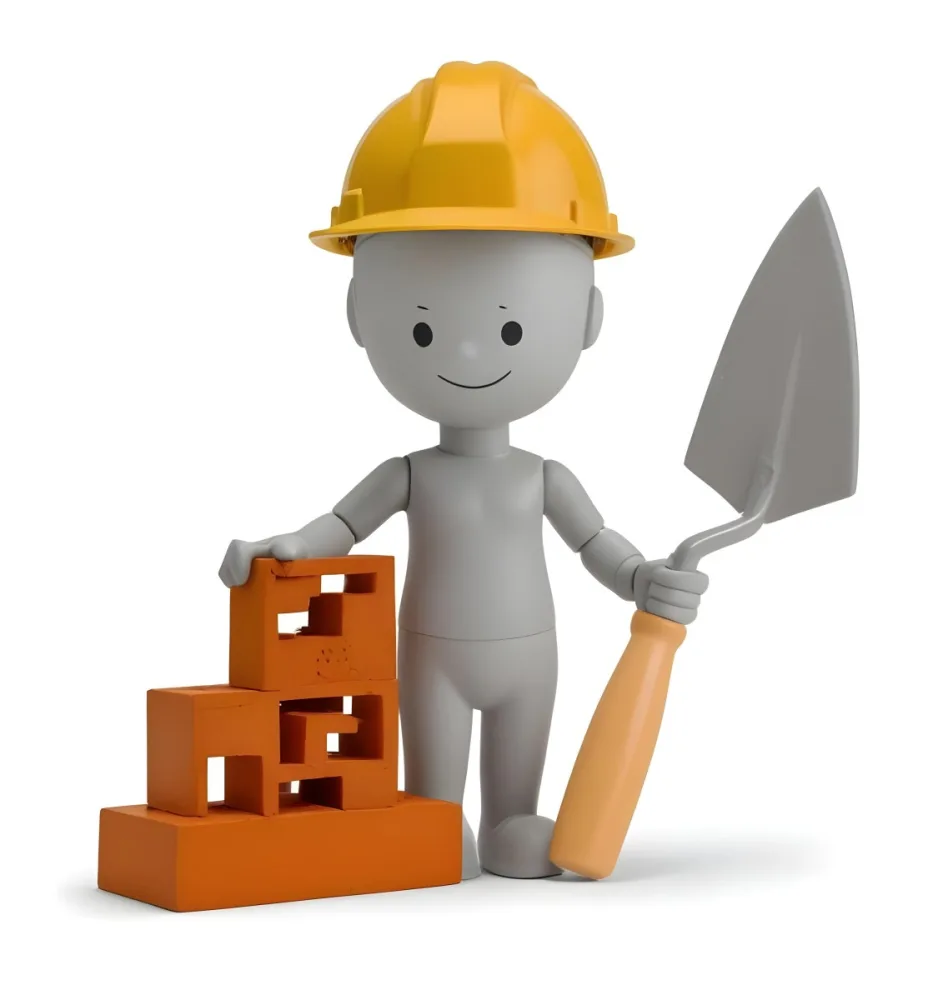Minimal Soft Studio Light Photography A Small Gray Humanoid Figure Wearing A Yellow Hard Hat Holding A Trowel In One Hand And Standing Next To A Stack Of Orange Bricks The Background Is Plain And White High Detail 20 C1a7