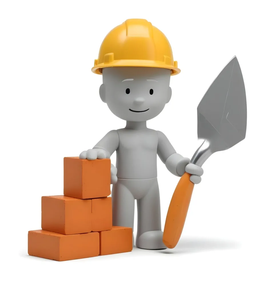 Minimal Soft Studio Light Photography A Small Gray Humanoid Figure Wearing A Yellow Hard Hat Holding A Trowel In One Hand And Standing Next To A Stack Of Orange Bricks The Background Is Plain And White High Detail 21 9f0b
