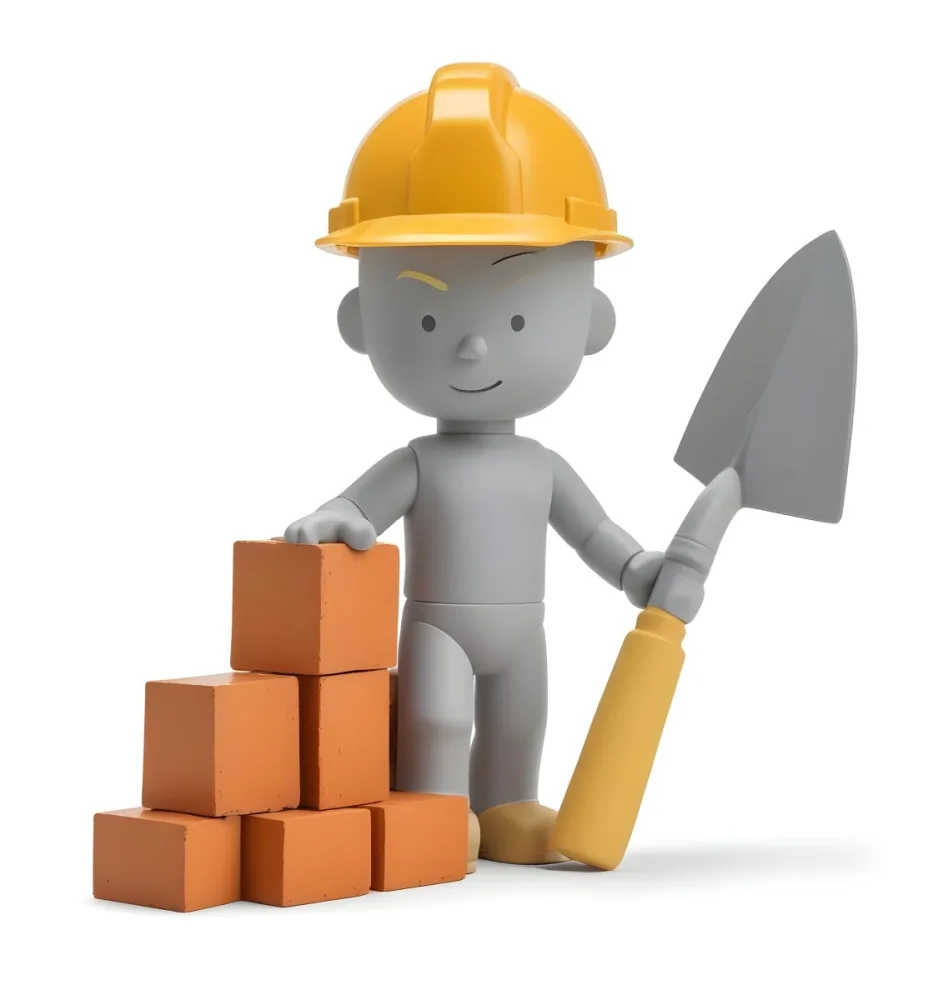 Minimal Soft Studio Light Photography A Small Gray Humanoid Figure Wearing A Yellow Hard Hat Holding A Trowel In One Hand And Standing Next To A Stack Of Orange Bricks The Background Is Plain And White High Detail 22 Cf61