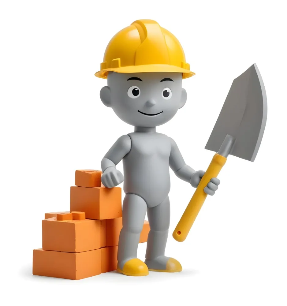 Minimal Soft Studio Light Photography A Small Gray Humanoid Figure Wearing A Yellow Hard Hat Holding A Trowel In One Hand And Standing Next To A Stack Of Orange Bricks The Background Is Plain And White High Detail 23 8edc